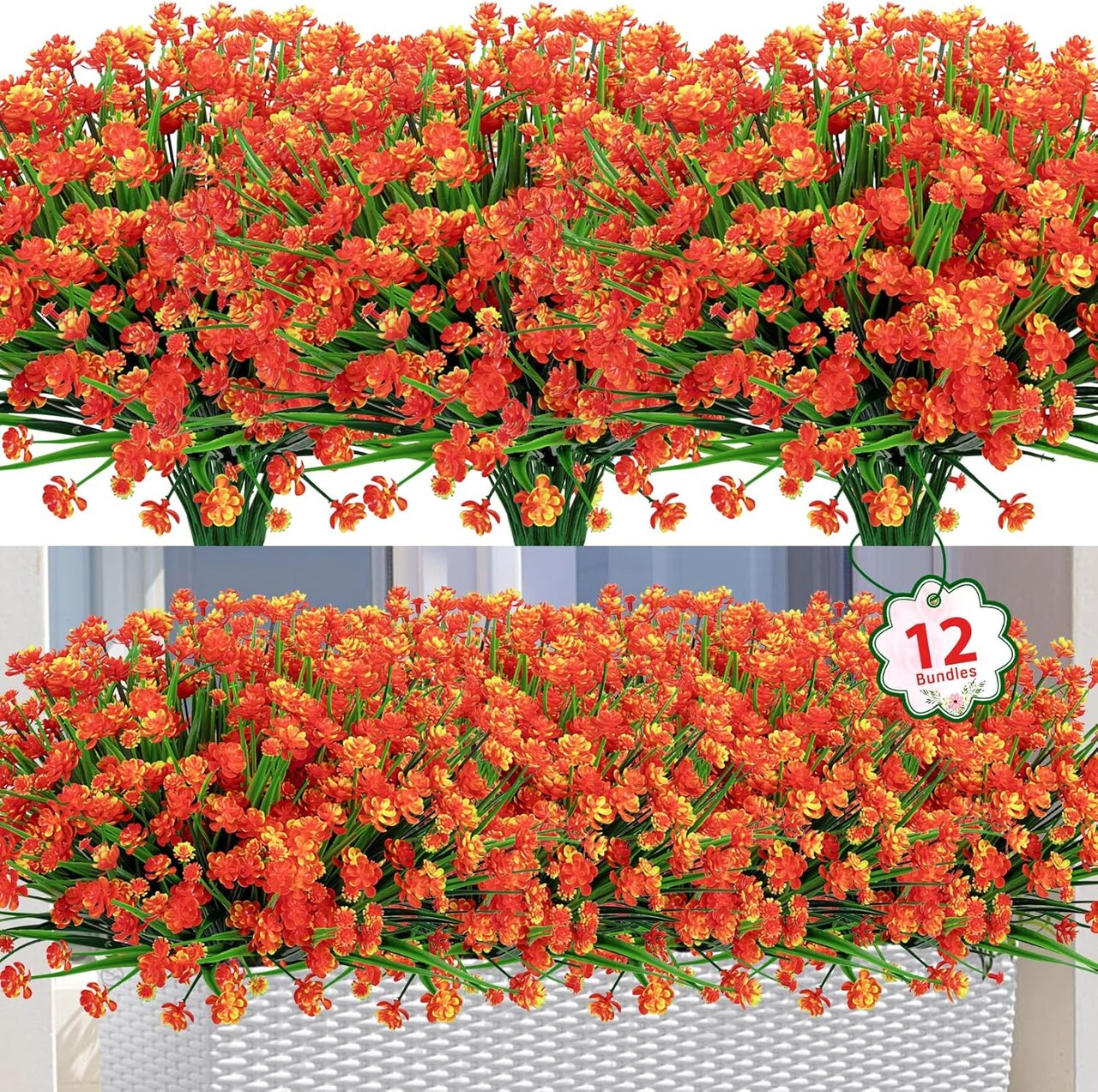 12 Bundles Artificial Flowers for Outdoors – UV Resistant Fake Plants, Faux Orange Greenery Stems for Garden, Patio, Window Box & Home Decor